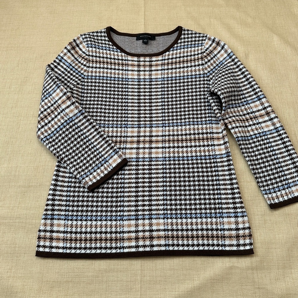 Ann Taylor Brown & Blue Gingham Wool Blend Plaid Knit 3/4 Sleeve Sweater